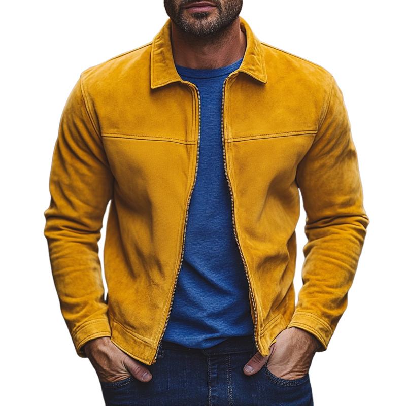 Men's Stylish Casual Solid Color Lapel Zipper Suede Jacket 58168711K