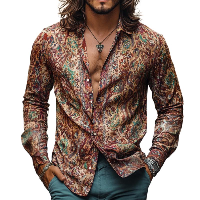 Men's Retro Casual Print Lapel Long Sleeve Shirt 44279116TO