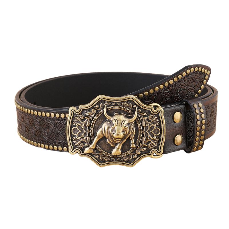 Cinturón de cuero punk tallado de estilo vaquero occidental vintage para hombre 03004753K