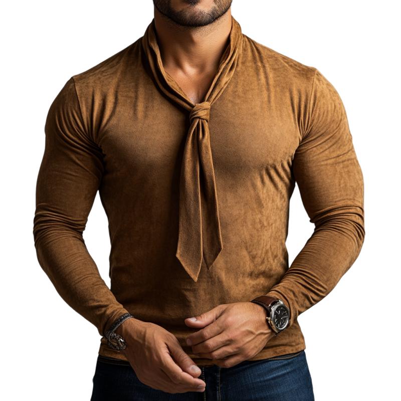 Men's Classic Casual V-Neck Shapeable Bow Tie Suede Long Sleeve T-Shirt 07187437K