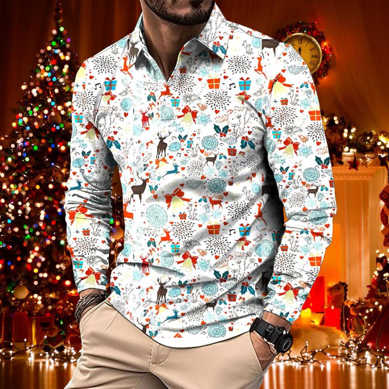 Polo de manga larga con estampado floral navideño retro e informal para hombre 35904676TO