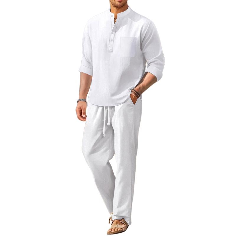 Homme Coton Et Lin Solide Col Montant Manches Longues Chemise Pantalon Casual Set 26246271Z