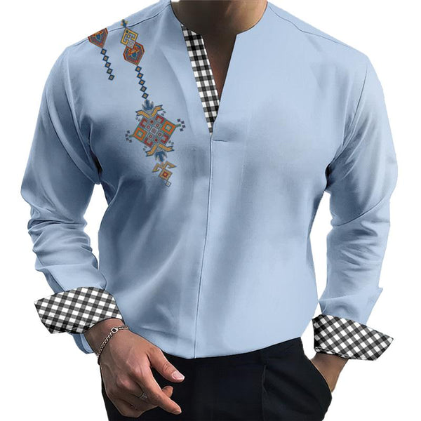 Men's V Neck Plaid Stitching Ethnic Print Long Sleeve Shirt 80938945Z