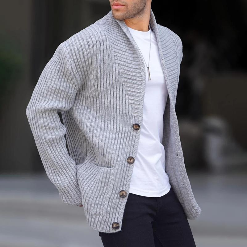 Men's Solid Lapel Long Sleeve Single Breasted Knit Cardigan 02144125Z