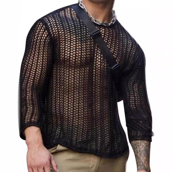 Men's Casual Round Neck Three-Quarter Sleeve Hollow Pullover Knitwear 67374676M