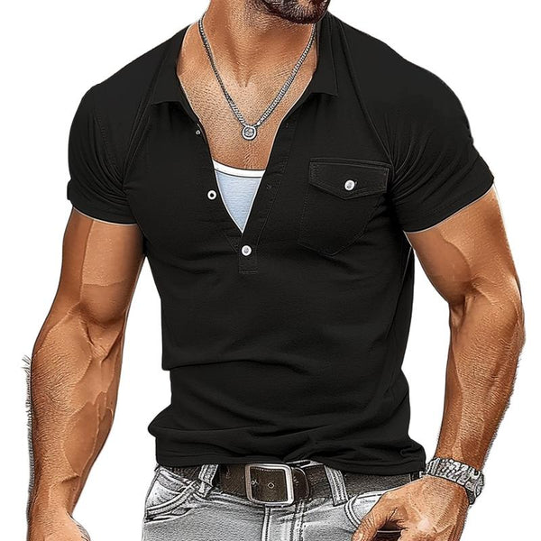 Men's Button Down Lapel Chest Pocket Slim Fit Short Sleeve Polo Shirt 40472449Y