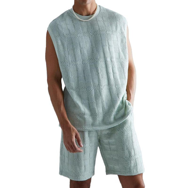 Men's Solid Knitted Round Neck Sleeveless Top And Shorts Casual Set 10776223Z