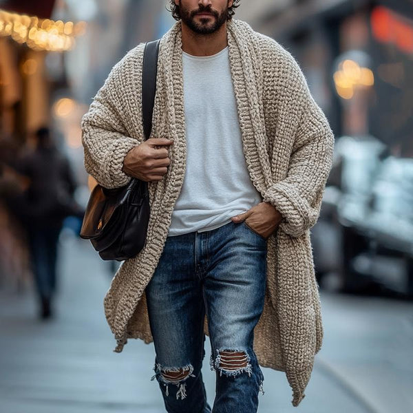 Men's Fashionable Loose Knitted Long Sleeve Casual Shawl Cardigan 68520262Z