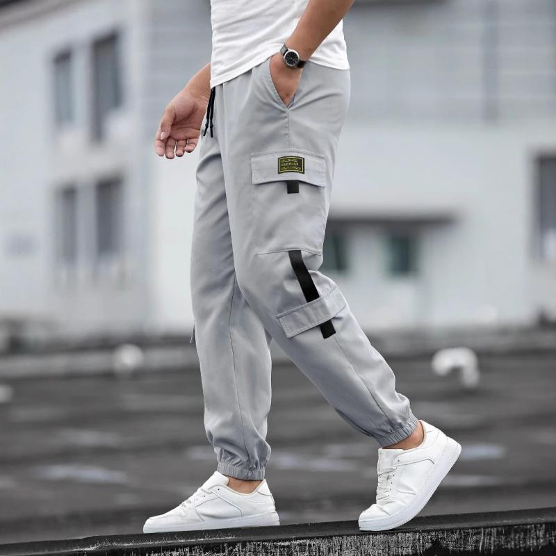 Men's Solid Color Elastic Waist Multi-pocket Cargo Pants 58053761Z