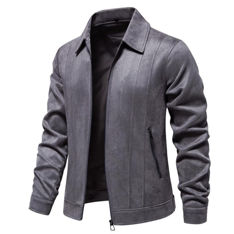 Men's Solid Color Suede Lapel Long Sleeve Zipper Jacket 08354140Z