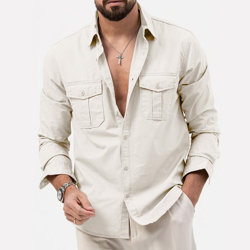 Men's Solid Lapel Breast Pocket Long Sleeve Cargo Shirt 02290668Z