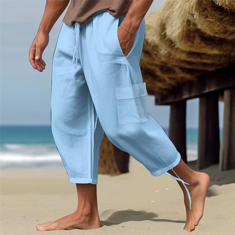 Men's Solid Loose Linen Elastic Waist Casual Pants 49392157Z