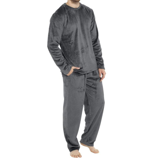 Men's Solid Plush Round Neck Top And Trousers Warm Set 27431858Z