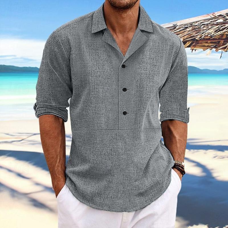 Men's Solid Cotton And Linen Lapel Long Sleeve Shirt 88002177Z