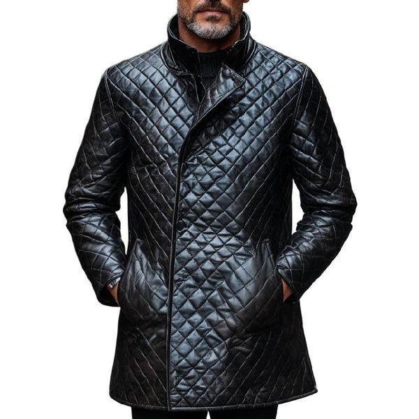 Men's Versatile Stand Collar Mid-length Quilted Leather Coat 20344456F