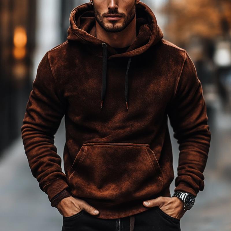 Men's Vintage Solid Color Suede Loose Kangaroo Pocket Hoodie 01057881M