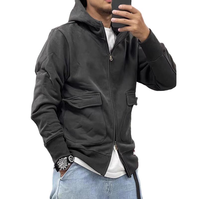 Men's Casual Solid Color Fleece Large Pocket Zipper Loose Hoodie Jacket 96210118M