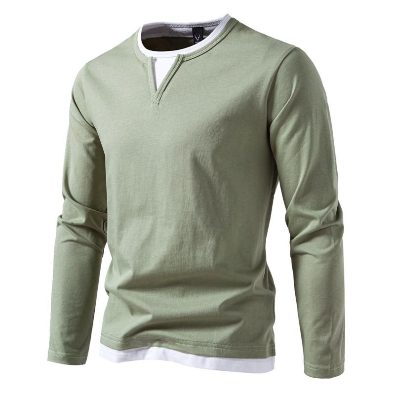 Men's Casual Color Matching Fake Two-Piece Double-Layer V-Neck Long-Sleeved T-Shirt 49232635Y