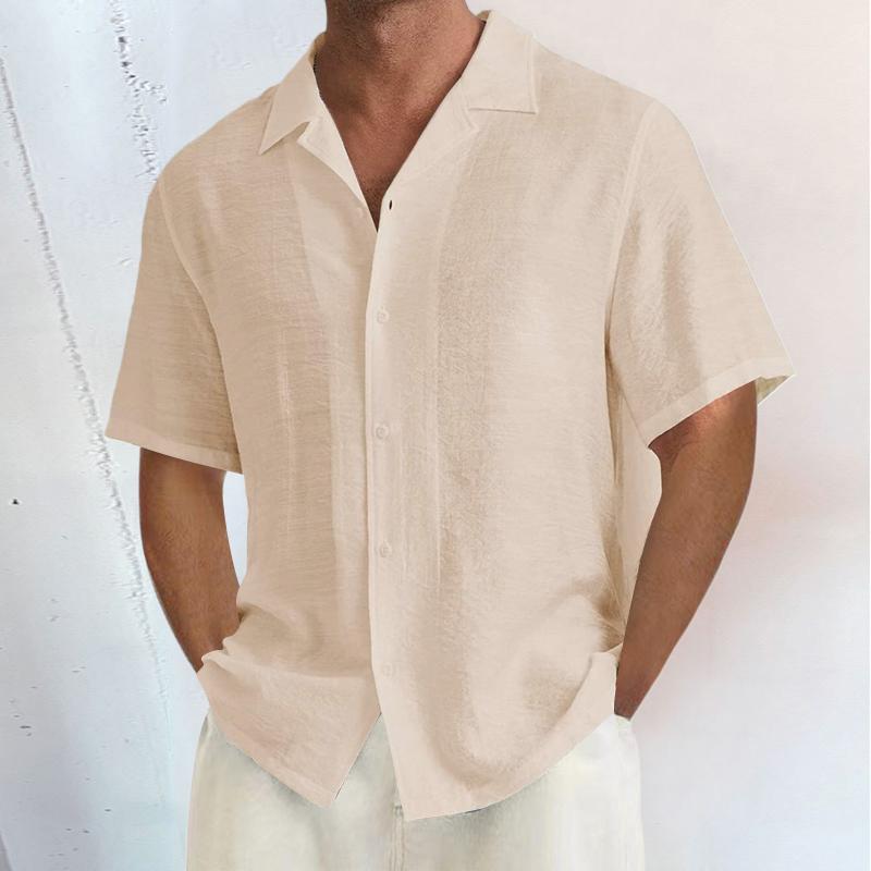 Men's Solid Loose Cotton And Linen Lapel Short Sleeve Shirt 31448652Z
