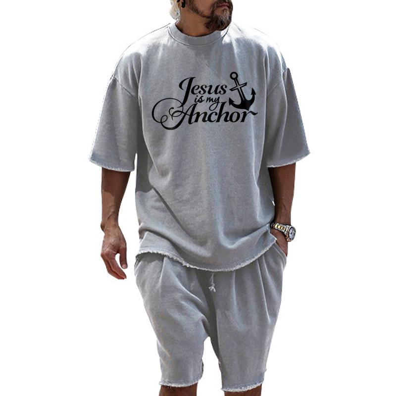 Men's Fashion Loose Christian Quote Print Short Sleeve T-Shirt and Shorts Set 79492365Z