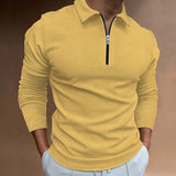 Men's Solid Waffle Zipper Lapel Long Sleeve Polo Shirt 84838929Z