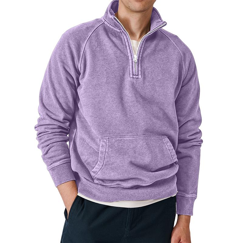 Men's Solid Zip Stand Collar Long Sleeve Kangaroo Pocket Sweatshirt 47037366Z