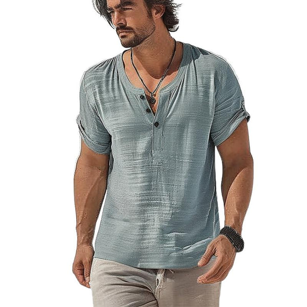 Men's Vintage Henley Collar Loose Short Sleeve T-Shirt 05492584TO