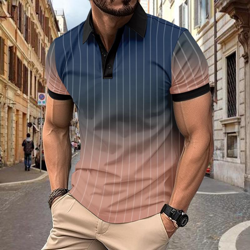 Men's Casual Lapel Contrast Striped Short-sleeved Polo Shirt 19902482M