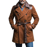 Men's Suede And Pu Leather Double-Breasted Belted Trench Coat 37847399Y