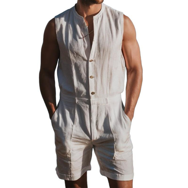 Men's Cotton and Linen Round Neck Buttoned Sleeveless Shorts Jumpsuit 80026103Y