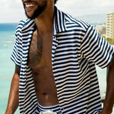 Men's Striped Print Short Sleeve Shirt Shorts Set 60949567Y