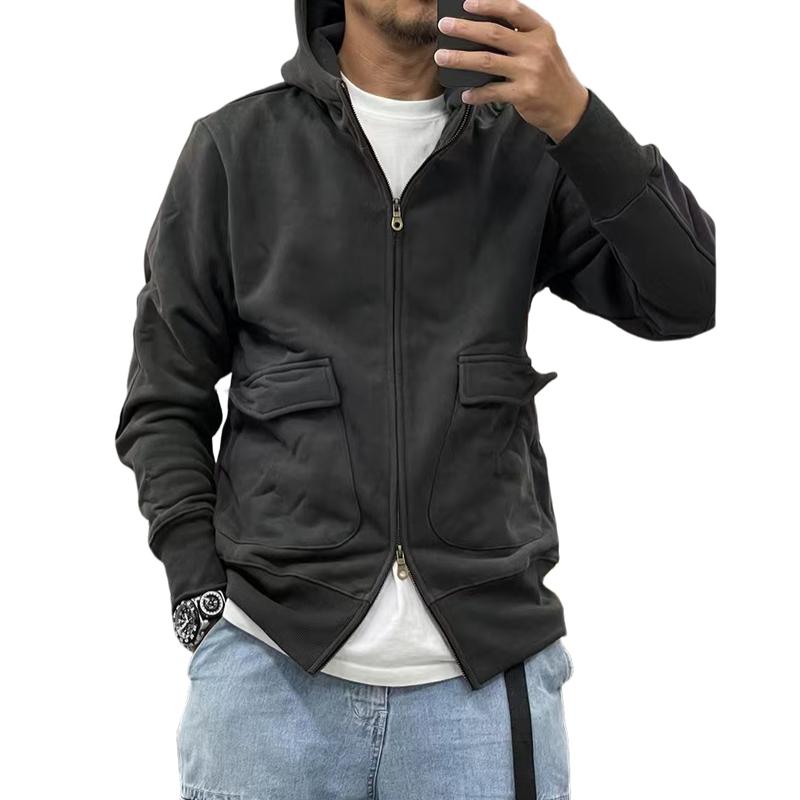 Men's Casual Solid Color Fleece Large Pocket Zipper Loose Hoodie Jacket 96210118M