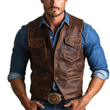 Men's Vintage Three Button Distressed Leather Vest 67692984U