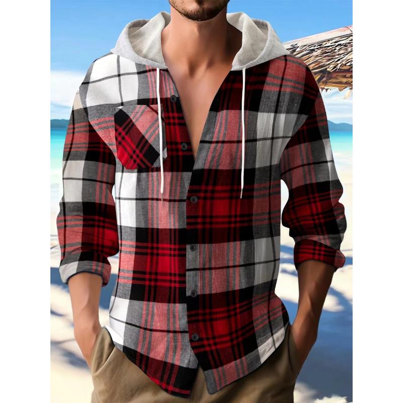 Men's Plaid Flannel Hooded Long Sleeve Shirt 95678054Y