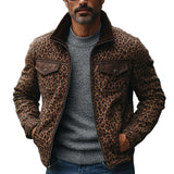 Men's Vintage Leopard Print Suede Double Chest Pocket Jacket 14572182Y