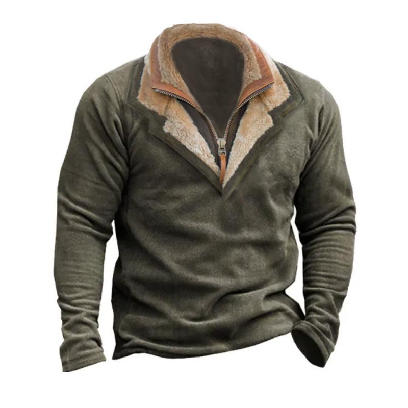 Men's Solid Color Zipper Fur Collar Long Sleeve Sweatshirt 00804539Y