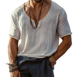 Men's Casual Cotton and Linen Button Collar Loose Short Sleeve Shirt 61394059M