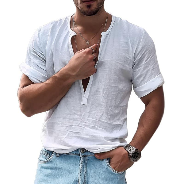 Men's Solid Color V Neck Short Sleeve Casual Shirt 07322654Z