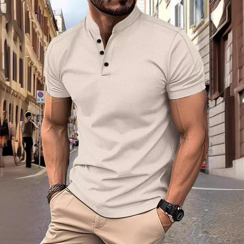 Men's Casual Stand Collar Waffle Slim Fit Short Sleeve T-Shirt 21454794M
