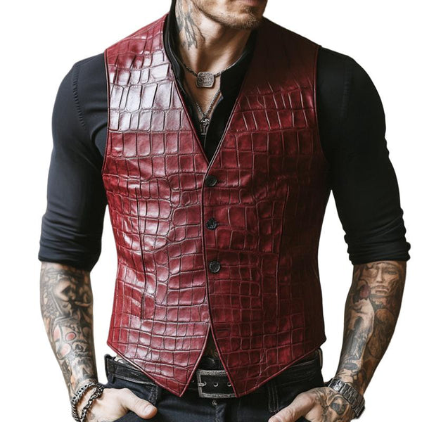 Men's Vintage Casual Embossed Collarless Leather Vest 22698215TO