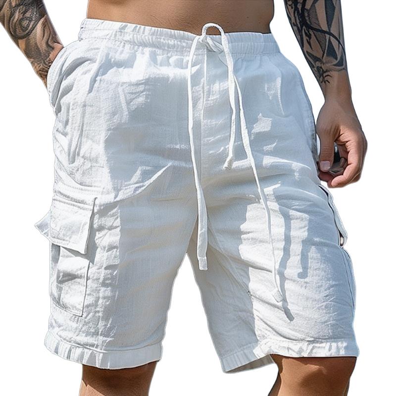 Short de plage en coton et lin de couleur unie avec cordon de serrage pour homme 22879452Y