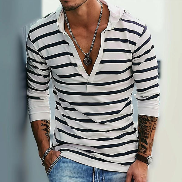 Men's Navy Style Striped Hooded Long Sleeve T-shirt 40925008Z