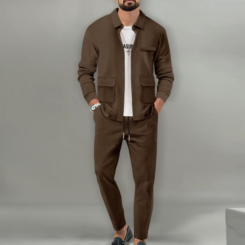 Men's Casual Solid Color Multi-Pocket Jacket And Trousers Set 91536974Y