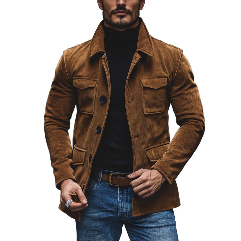 Lockere Jacke aus Wildleder mit Vintage-Revers und mehreren Taschen für Herren 91055496M