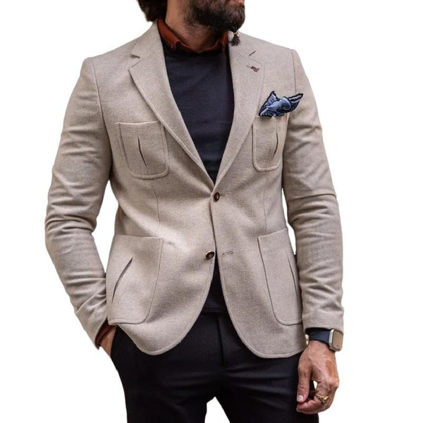 Men's Vintage Wool Blend Lapel Single Breasted Multi-Pocket Slim Blazer 80652635M