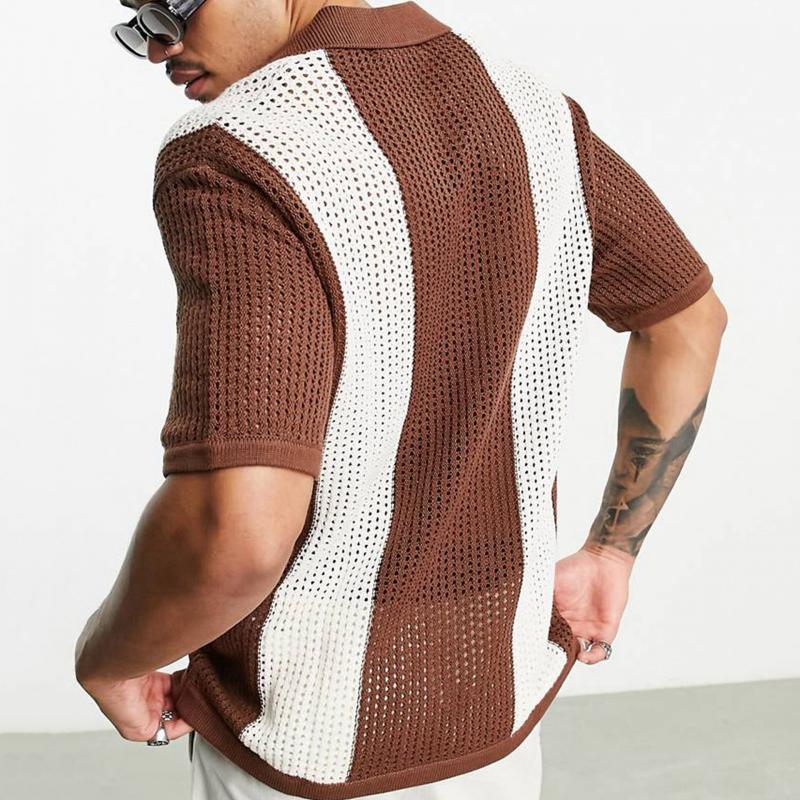 Men's Casual Thin Hollow Color Block Knitted Pullover Polo Shirt 55134326M