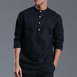 Men's Solid Cotton And Linen Henley Collar Long Sleeve Shirt 53055923Z