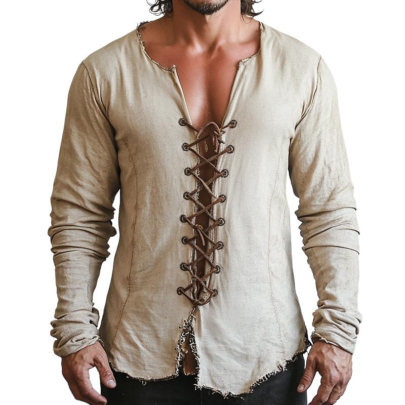 Men's Retro Casual Distressed Drawstring Collarless Long Sleeve Shirt 58627271TO