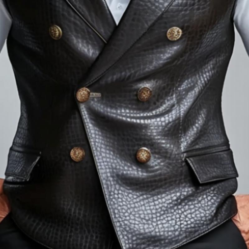 Men's Fashion Retro Lychee Texture Double Breasted Leather Vest 61141113Y