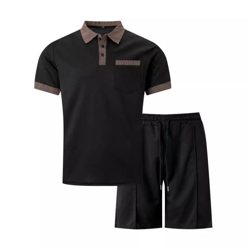 Men's Striped Print Colorblock Short Sleeve Polo Shirt Shorts Set 91515783Y